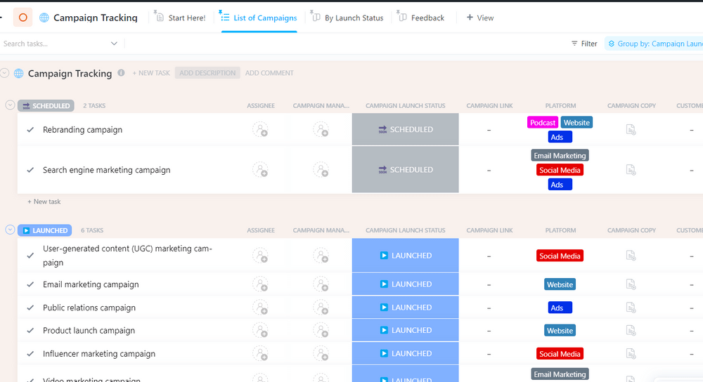 Modello per influencer: Modello di monitoraggio della campagna ClickUp