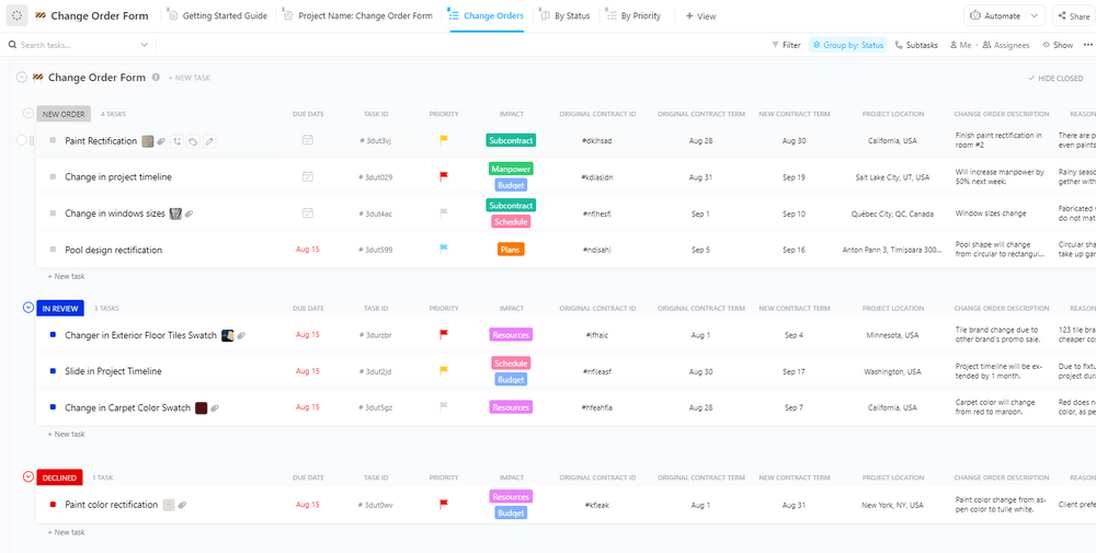 ClickUp Ubah Formulir Pesanan untuk Templat Renovasi