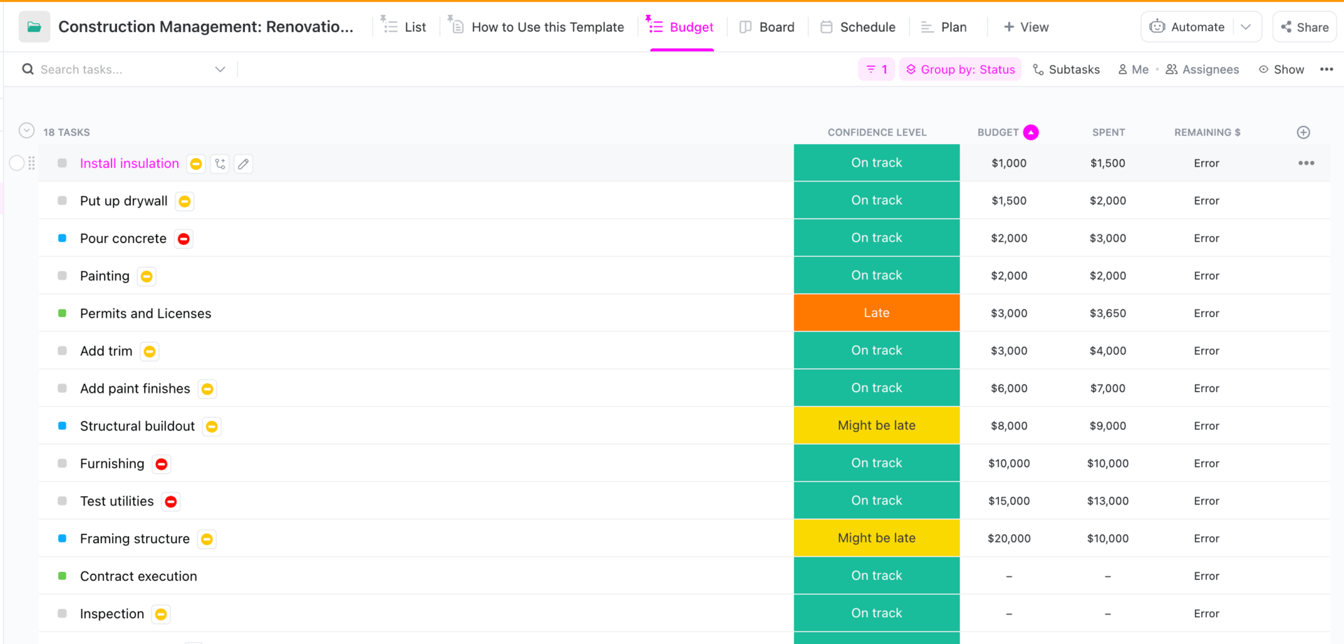 Utilice la plantilla de gestión de la construcción de ClickUp para personalizar, realizar el seguimiento y comparar los presupuestos de los proyectos también