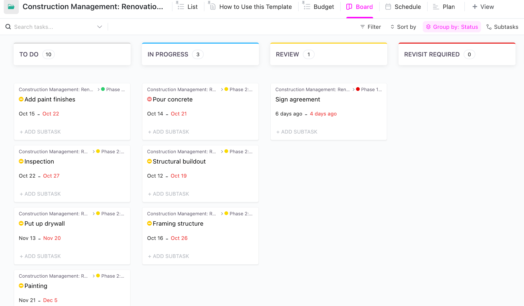 De ClickUp Construction Management Template heeft ook een Kanban Board functie voor eenvoudige drag-and-drop mogelijkheden