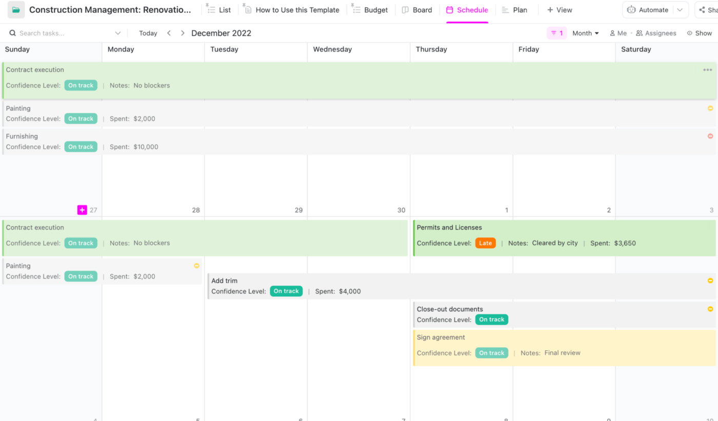 Modèle de calendrier de construction ClickUp