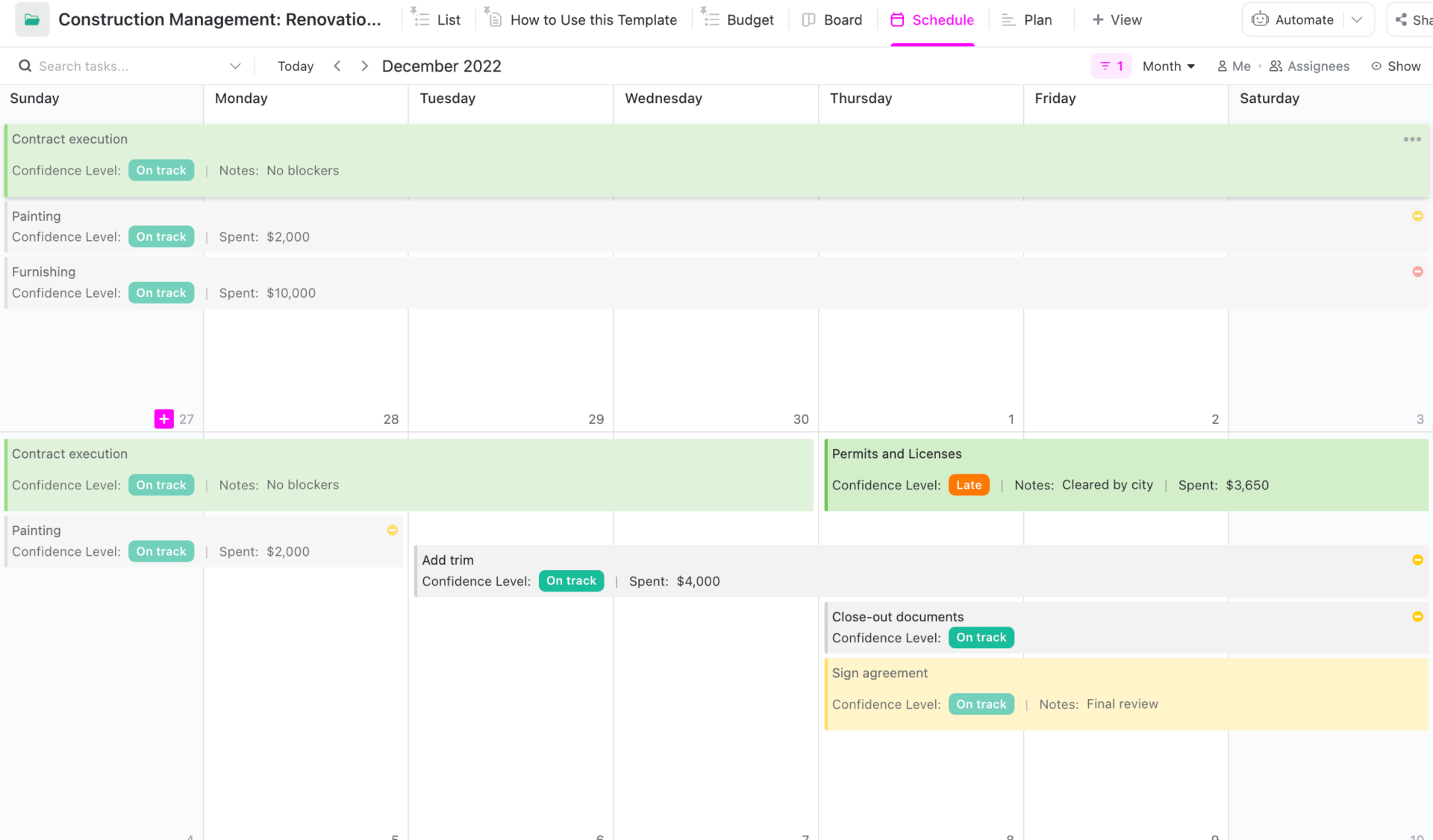 Additionally, you can use the ClickUp Construction Management Template to set and align project schedules in a calendar view