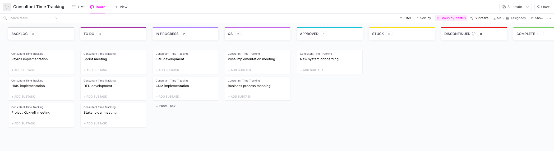 Modèle de tableau de suivi du temps des consultants ClickUp