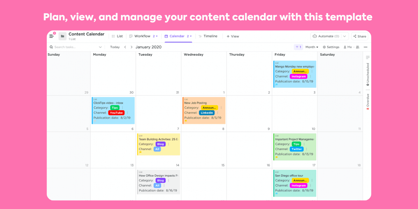 Modèle de calendrier de contenu par ClickUp