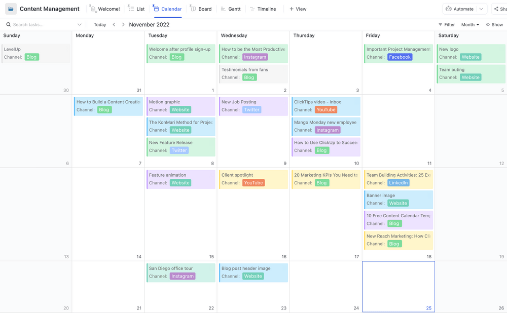 ClickUp Content Management Template - Calendar View