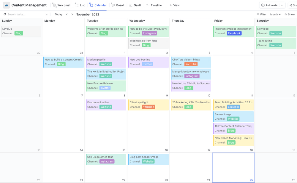 Templat Manajemen Konten ClickUp - Tampilan Kalender