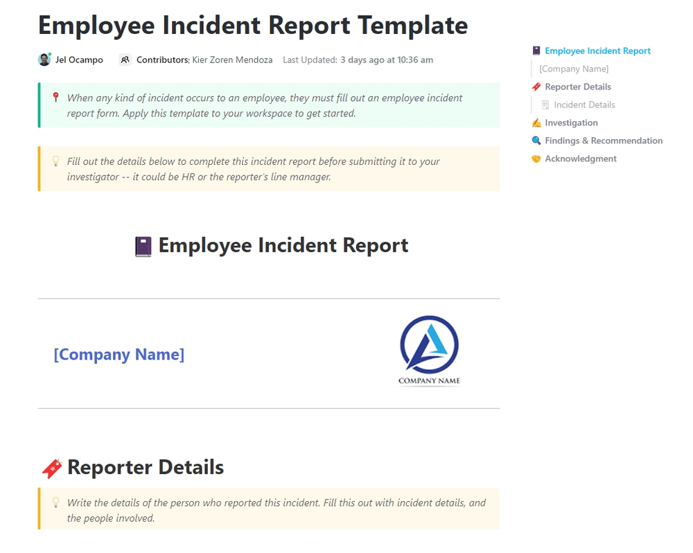 Modèle de rapport d'incident de l'employé ClickUp