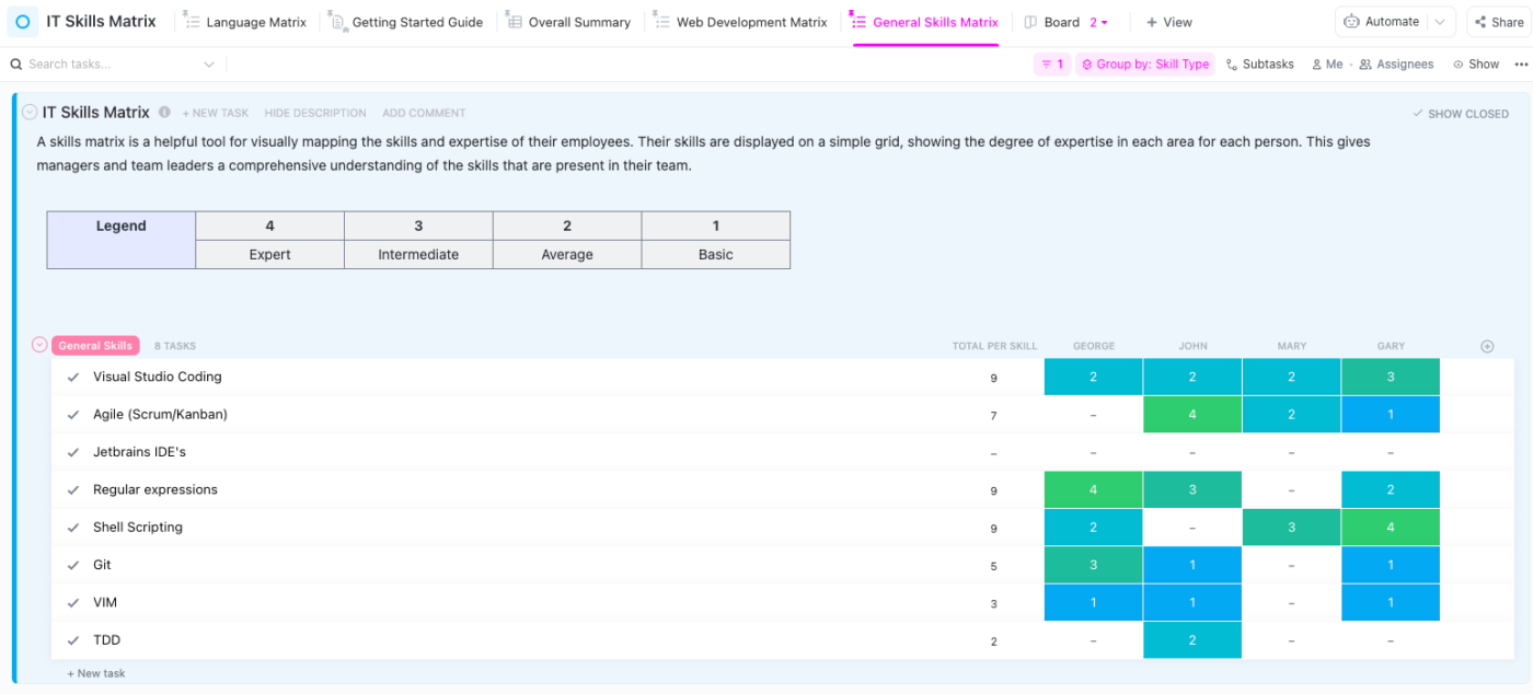 ClickUp General Skills Matrix Vorlage