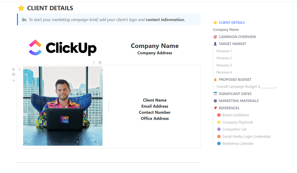 Need help setting up your next client's marketing campaign brief? Use this simple ClickUp Docs template