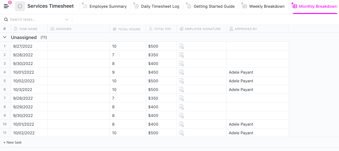 Modèle de feuille de temps mensuelle ClickUp