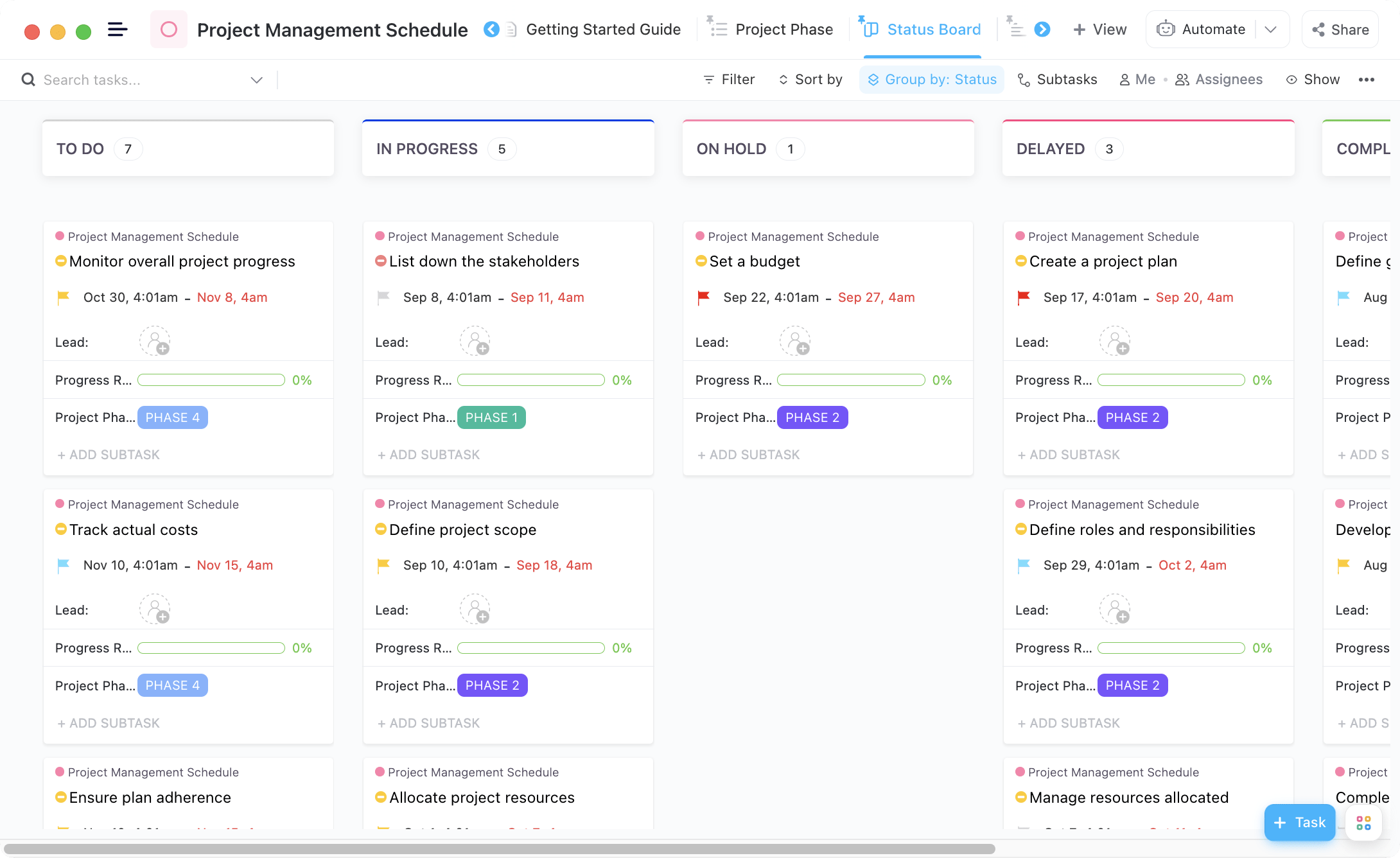 Jaga proyek Anda tetap pada jalurnya dan visualisasikan tugas, tenggat waktu, dan ketergantungan dalam tampilan yang jelas dan dapat dibagikan dengan Templat Kalender Manajemen Proyek ClickUp