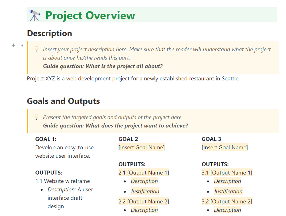 Modelo de narrativa de projeto ClickUp