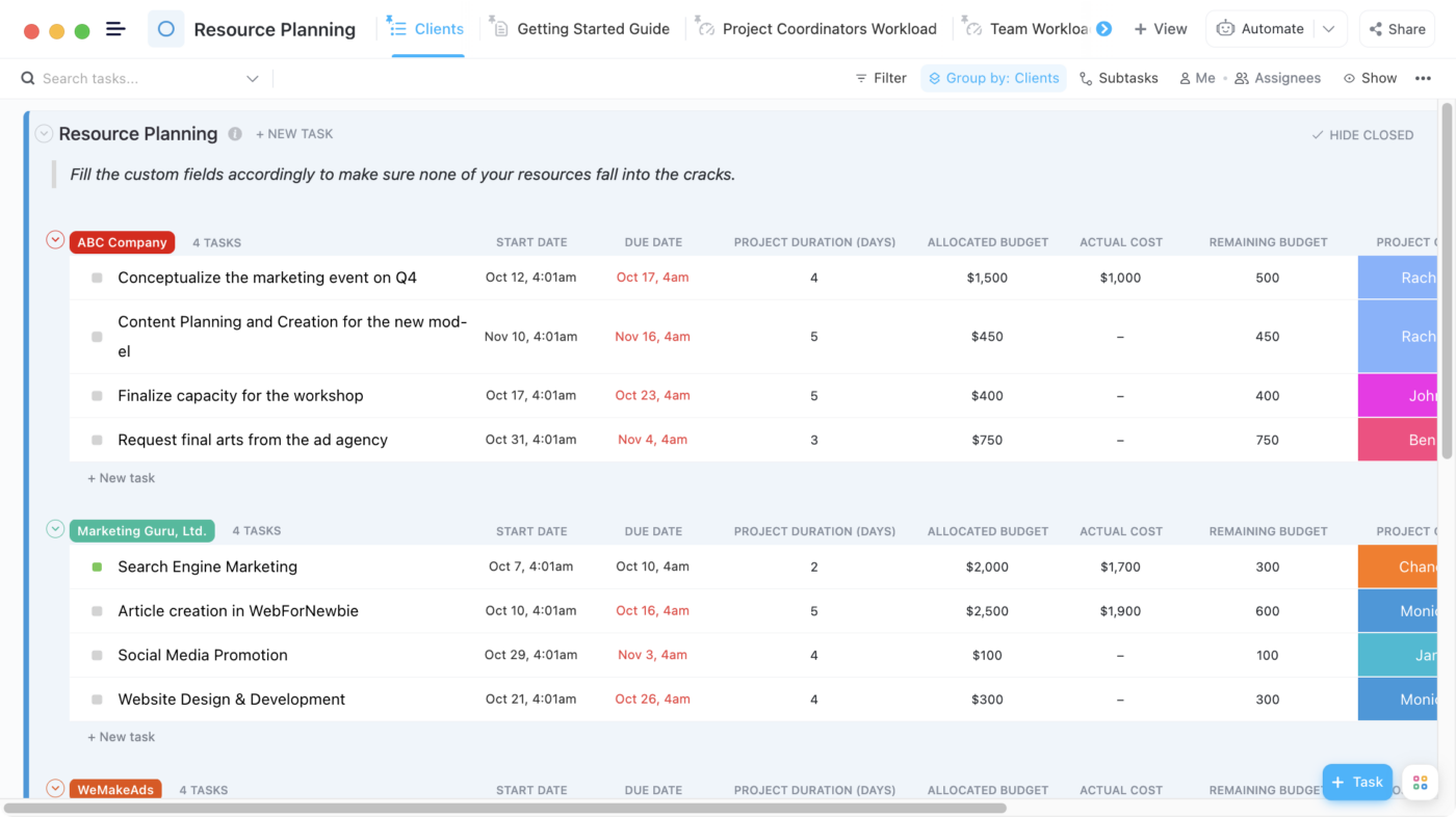 Exemplo de planejamento de alocação de recursos do ClickUp