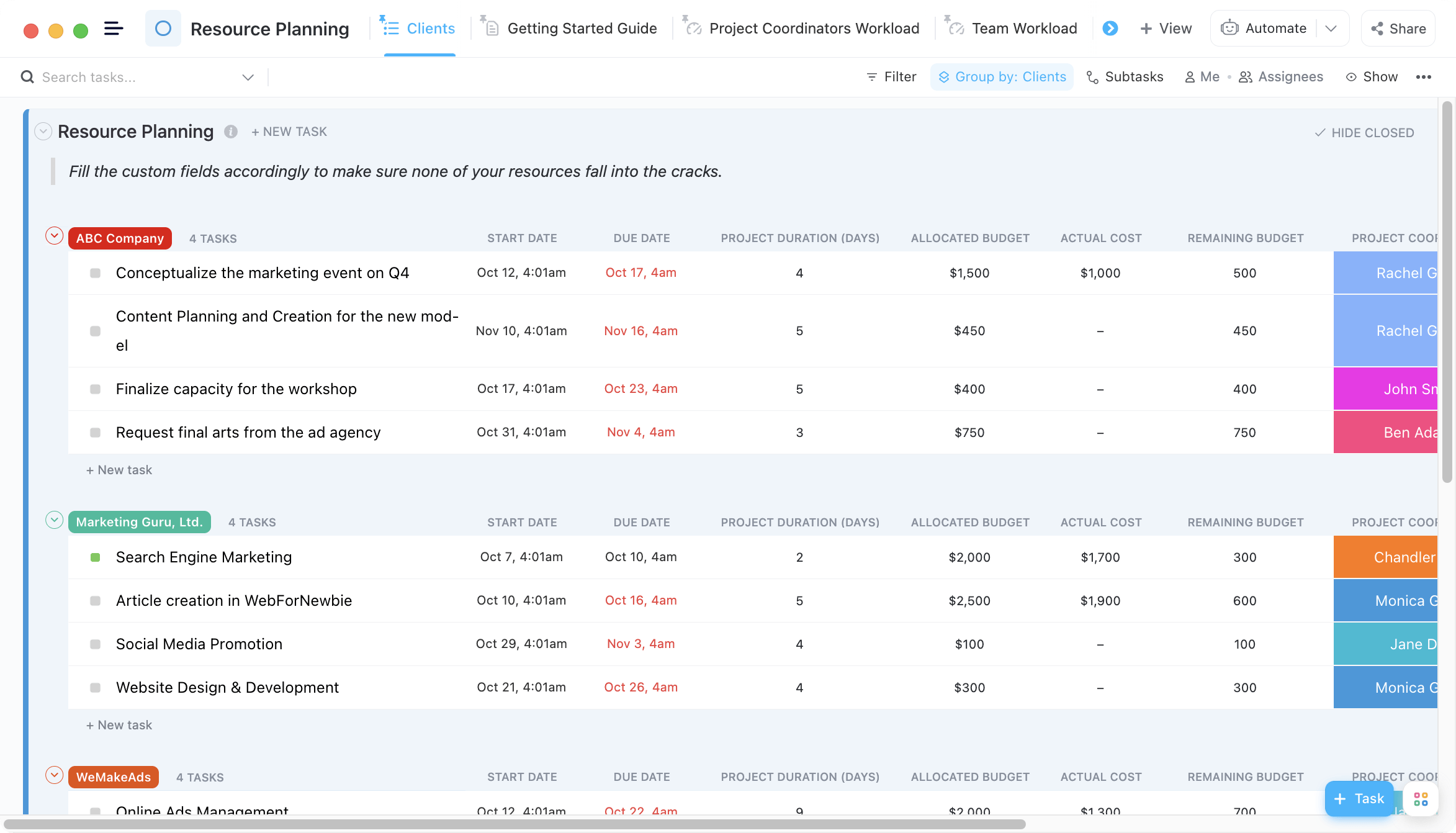 ClickUpのリソースプランニングテンプレートは、リソースのプランニング、追跡、最適化を支援するように設計されています。