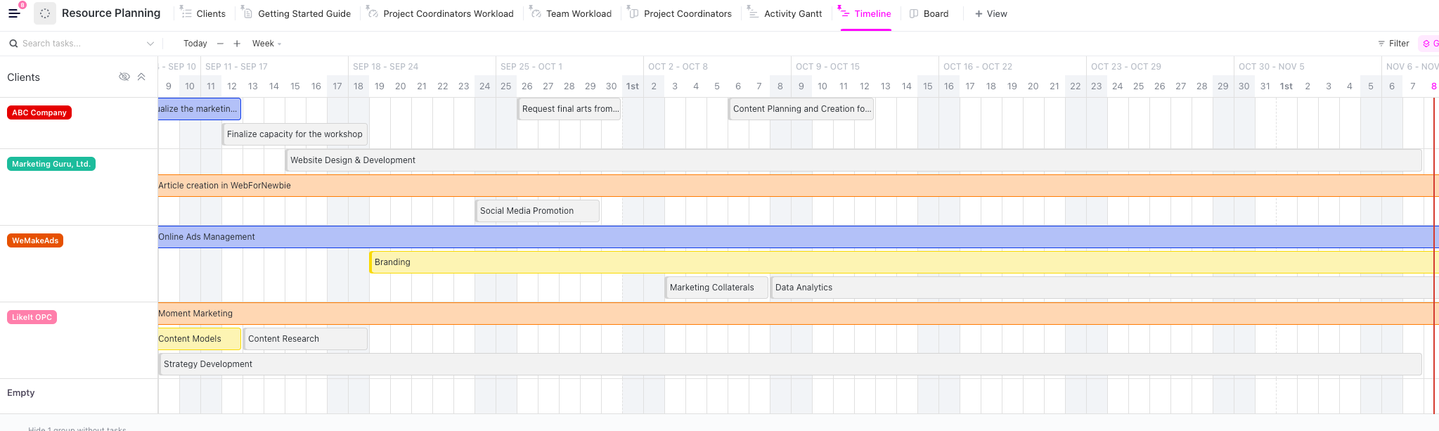 ClickUp Tijdlijn Hulpmiddelenplanning