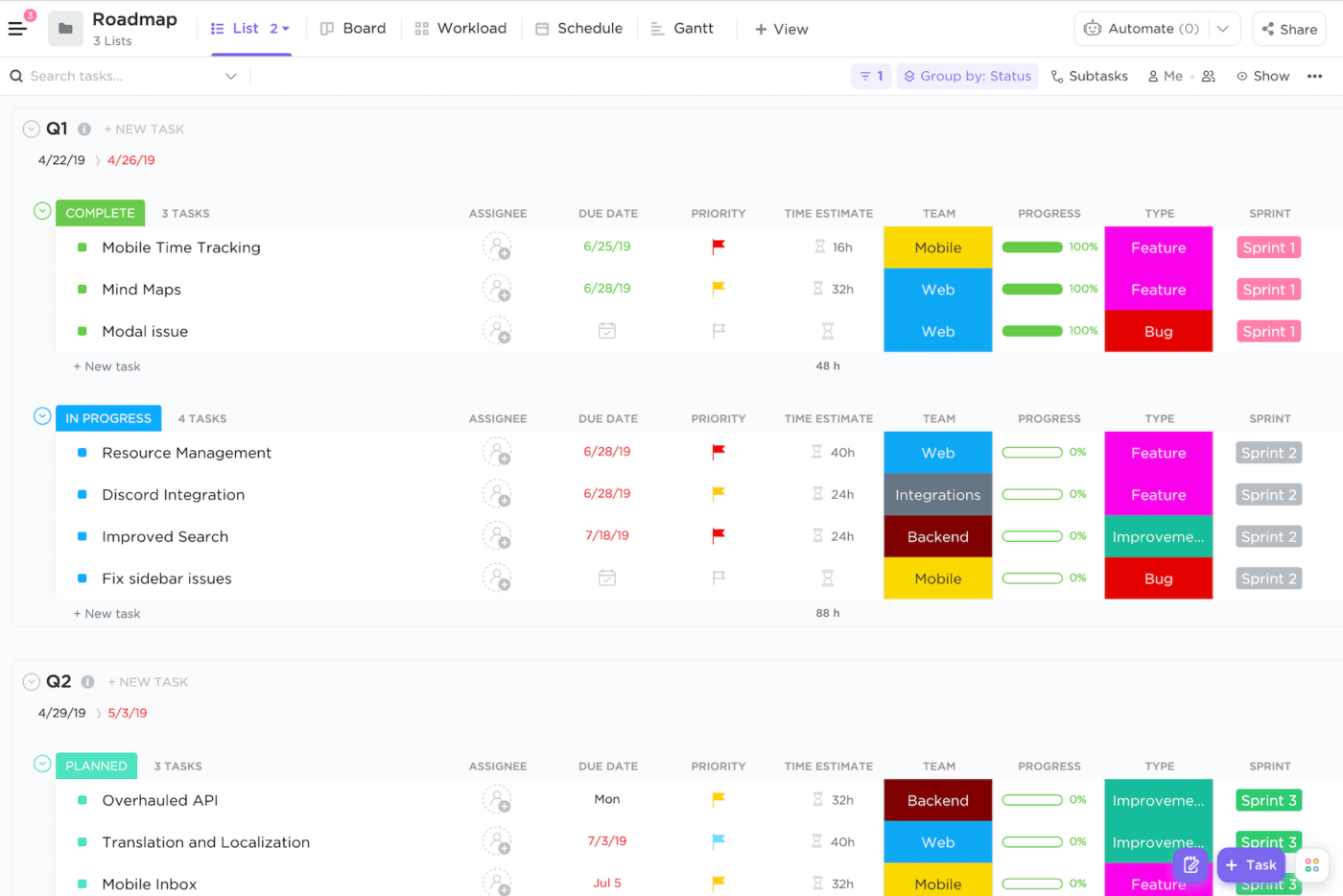 Production scheduling software: Roadmap example in ClickUp List view