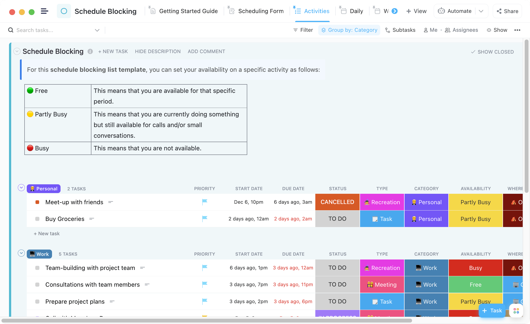 ClickUp's Schedule Blocking Template is designed to help you create a schedule with ease.  