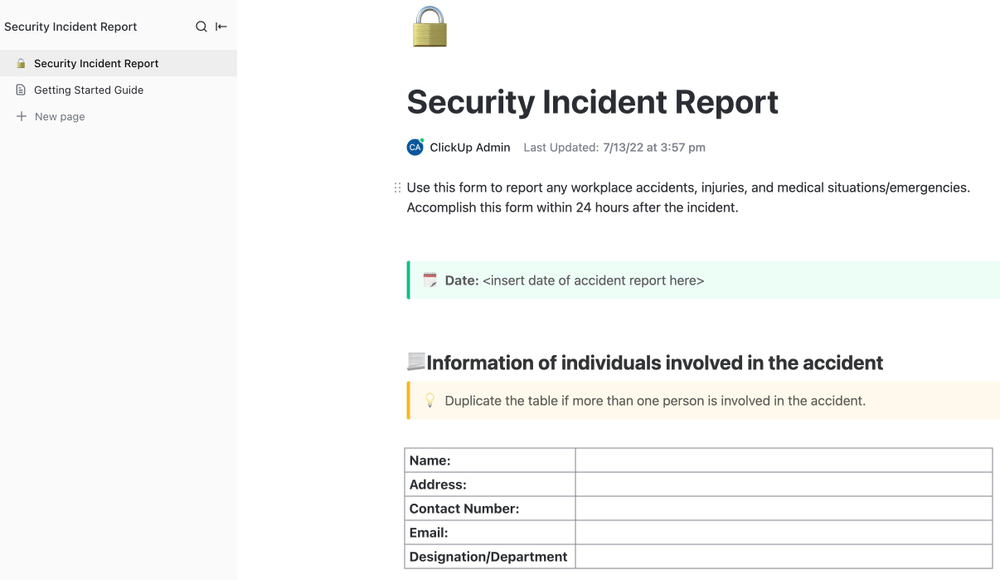 ClickUp Security Incident Report Template