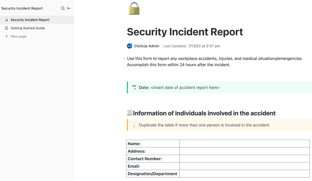 Szablon raportu o incydencie bezpieczeństwa ClickUp