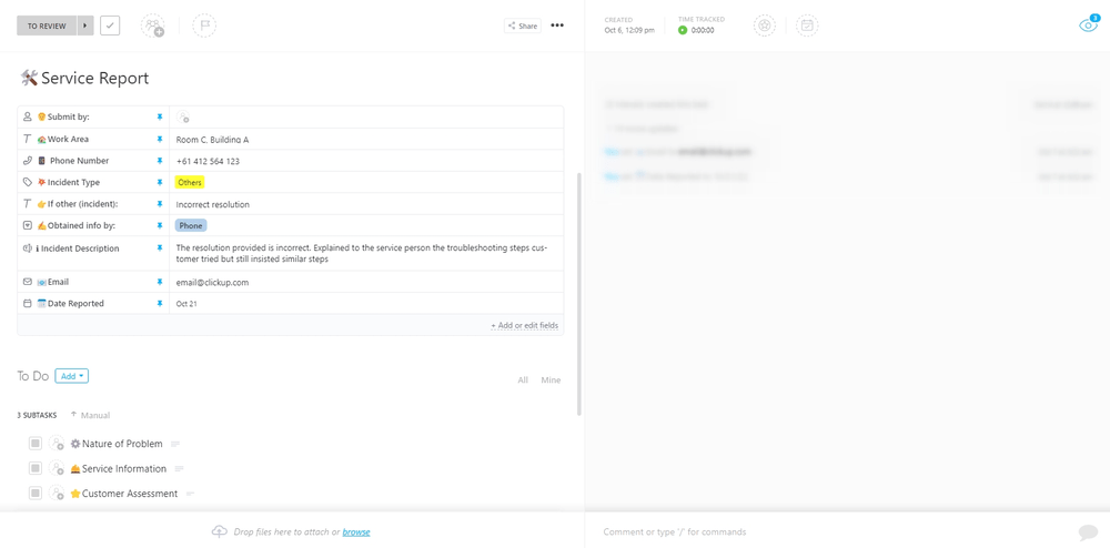 ClickUp Service Incident Report Vorlage
