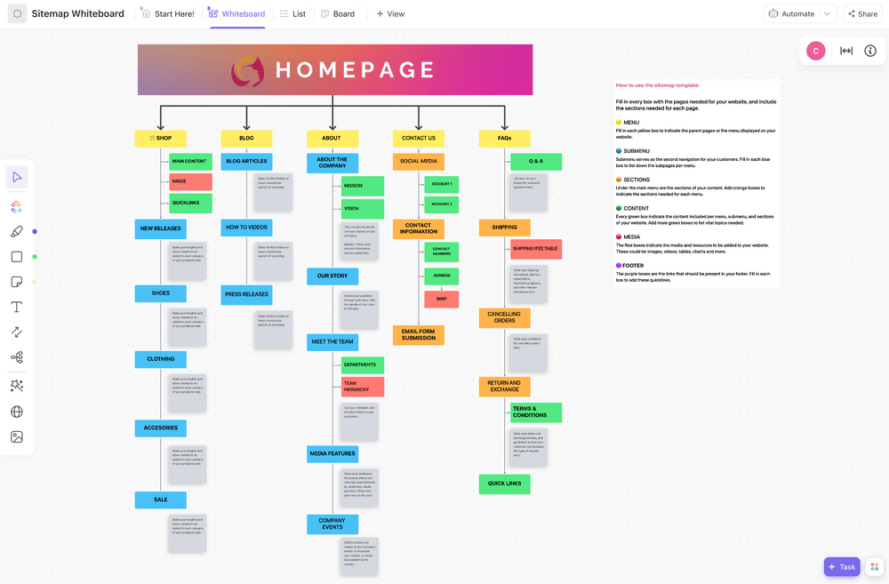 Site map templates: ClickUp Sitemap Whiteboard Template