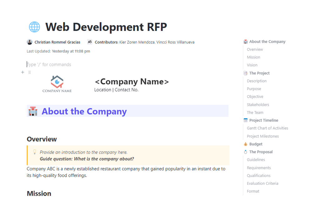 ClickUp Web Development RFP Template