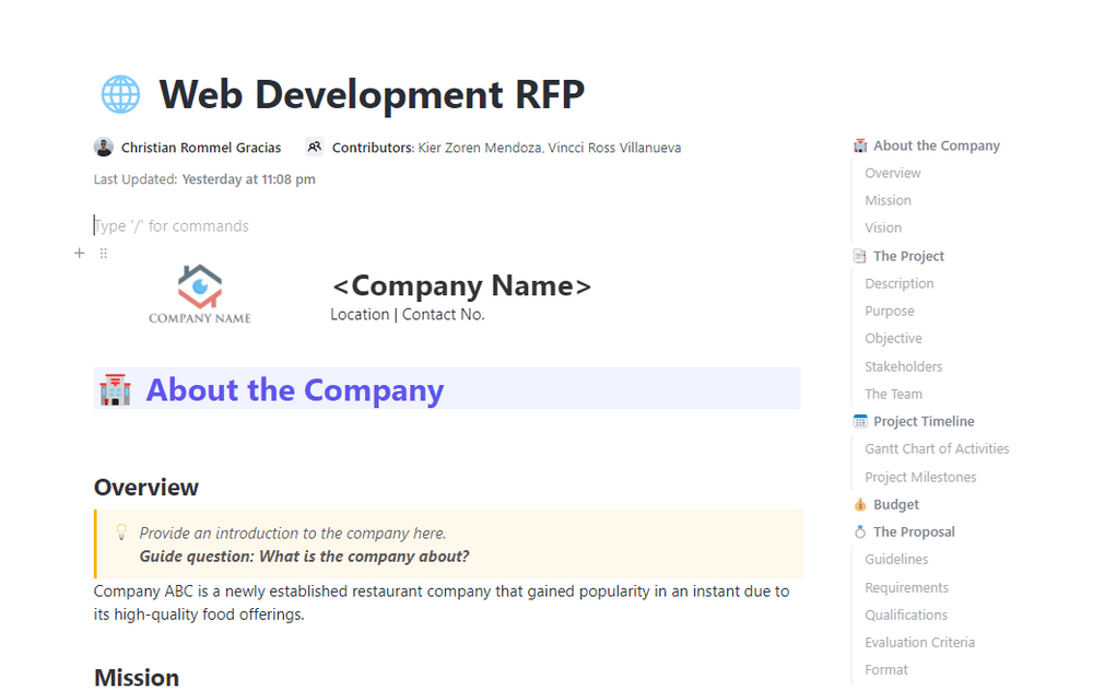 ClickUp 웹 개발 RFP 템플릿