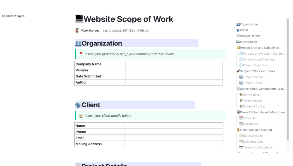 ClickUp Website Scope of Work Template