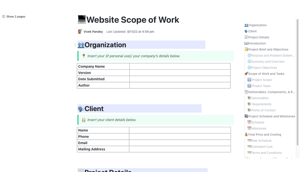 Plantilla del alcance del trabajo del sitio web de ClickUp