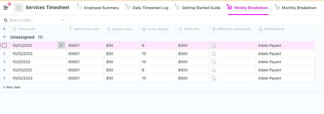 Modèle de feuille de temps hebdomadaire ClickUp