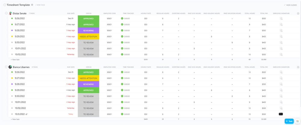 Gebruik ClickUp's Wekelijkse Timesheet Sjabloon om de uren van elke werknemer bij te houden