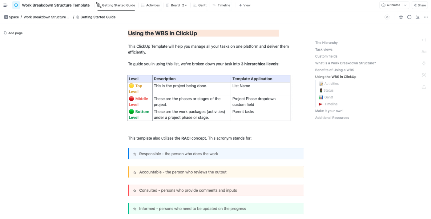 ClickUp Work Breakdown Structure Docs Vista para plantillas de planes de proyecto