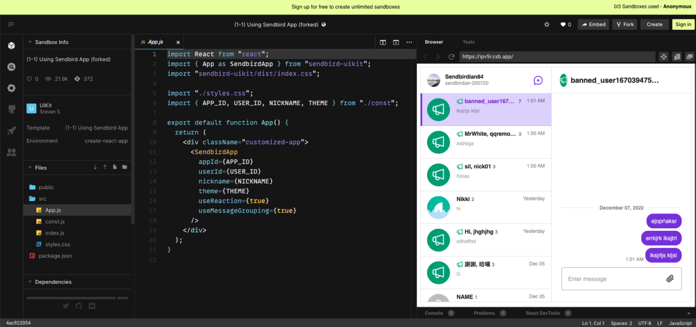 Code Sendbox example of Sendbird