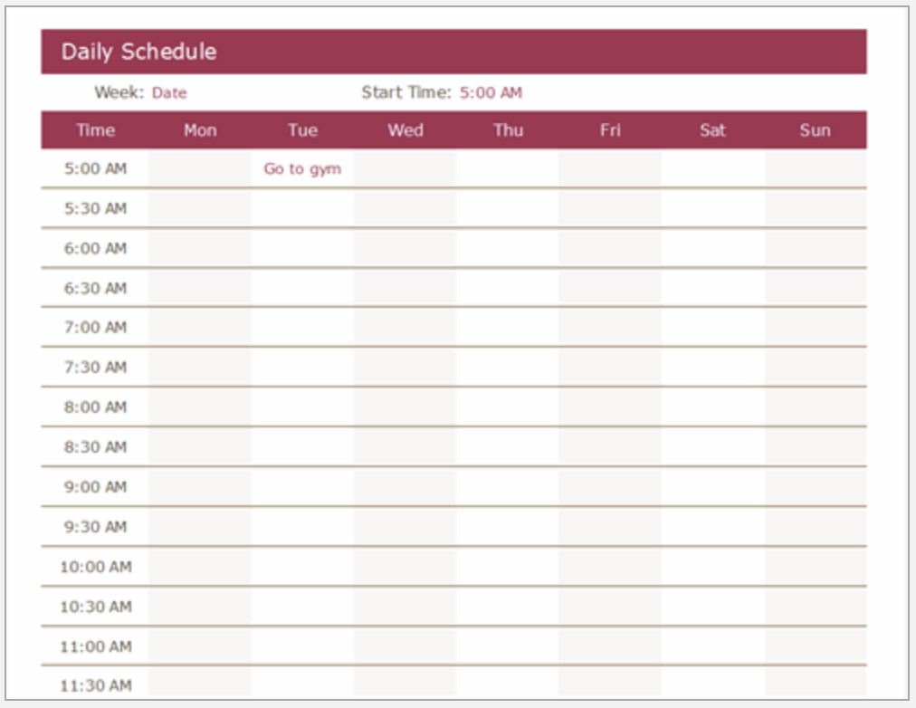 daily schedule template excel free