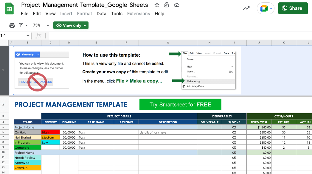 Google スプレッドシート プロジェクト トラッカー テンプレート