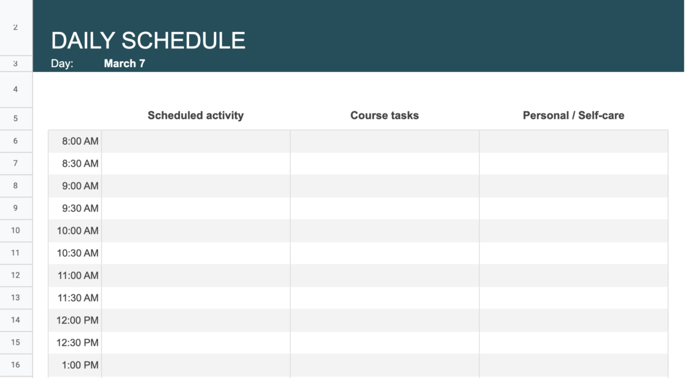 Hojas de cálculo de Google Plantilla de horario