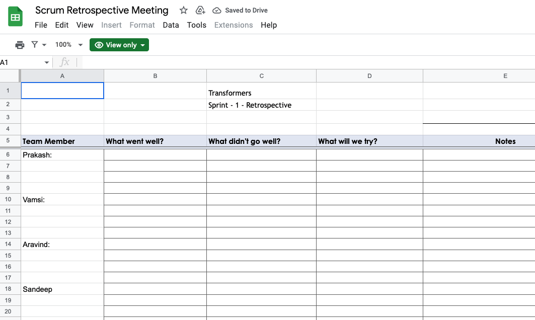 Arkusze Google Scrum Retrospektywa szablon