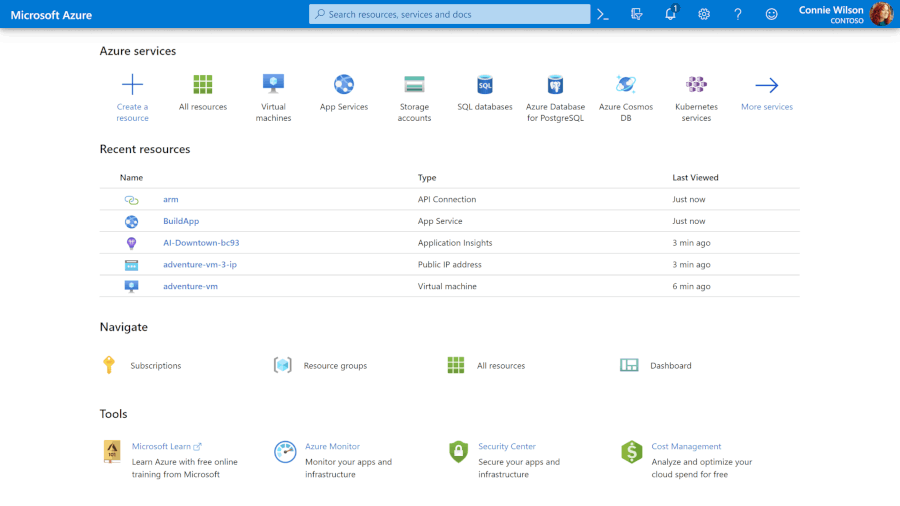 Exemplo de portal do Microsoft Azure