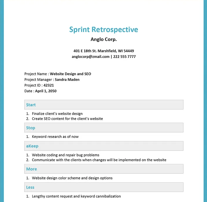 Microsoft Word Sprint Retrospectiva Plantilla