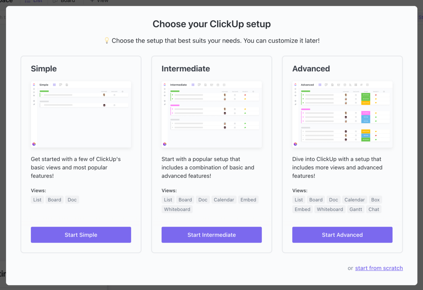 set up your ClickUp Hierarchy with simple, intermediate, or advanced features