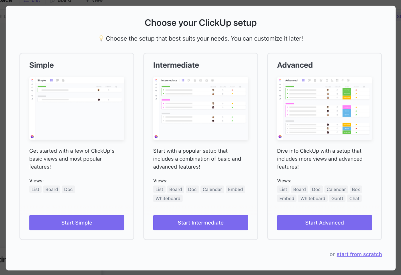 Onboarding Simple Intermediate Advanced Scratch in ClickUp