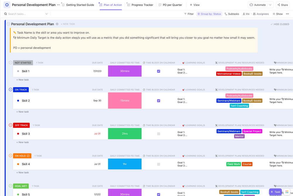 Modèle de plan de développement personnel ClickUp