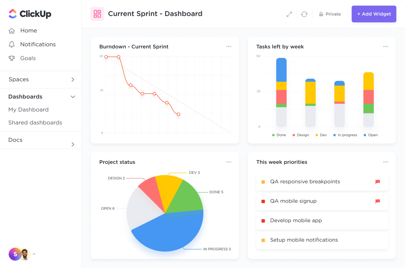 current sprint example in ClickUp's dashboard