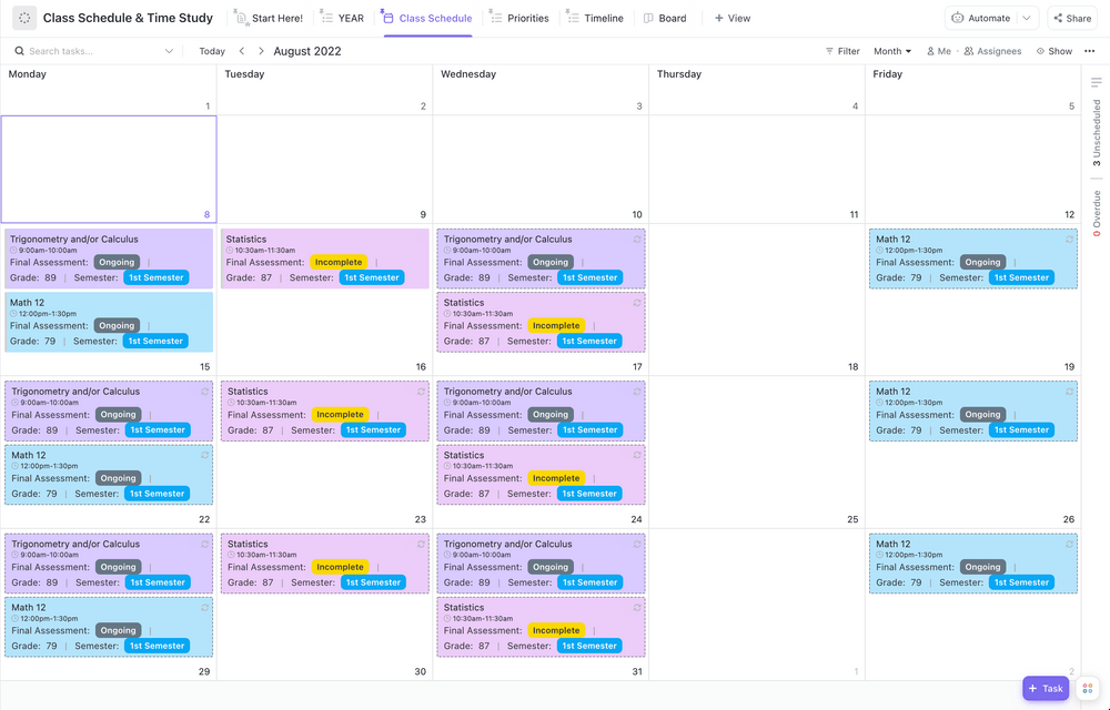 Modèle d'horaire de classe et d'étude du temps par ClickUp