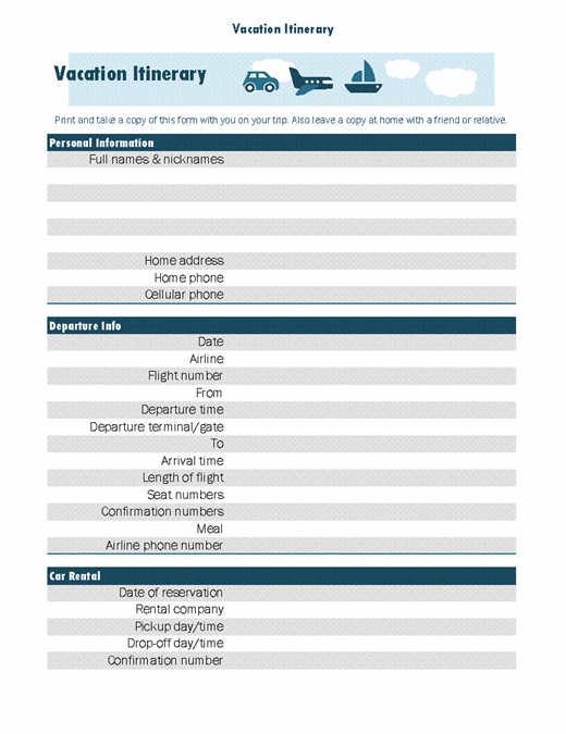 Plantilla Excel de Itinerario de Vacaciones