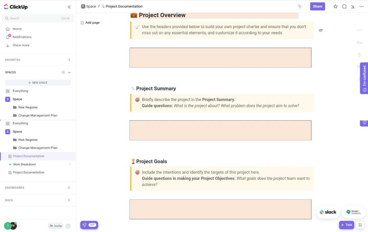 Documentation du projet dans ClickUp Docs