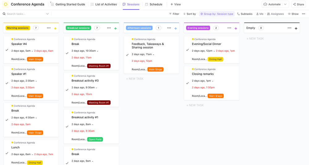 Evenementenplanners kunnen deze sjabloon voor de conferentieagenda gebruiken om iedereen op één lijn te houden bij het plannen en organiseren van evenementen.  