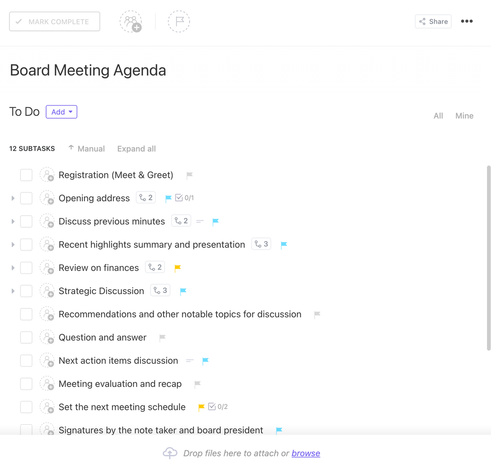 ClickUp's Board Meeting Agenda Template serves as an outline to focus on and quickly address the key issues and ensure everyone is on the same page about what needs to be done