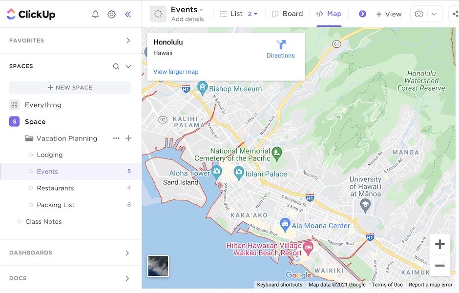 Viewing your itinerary in ClickUp Map view