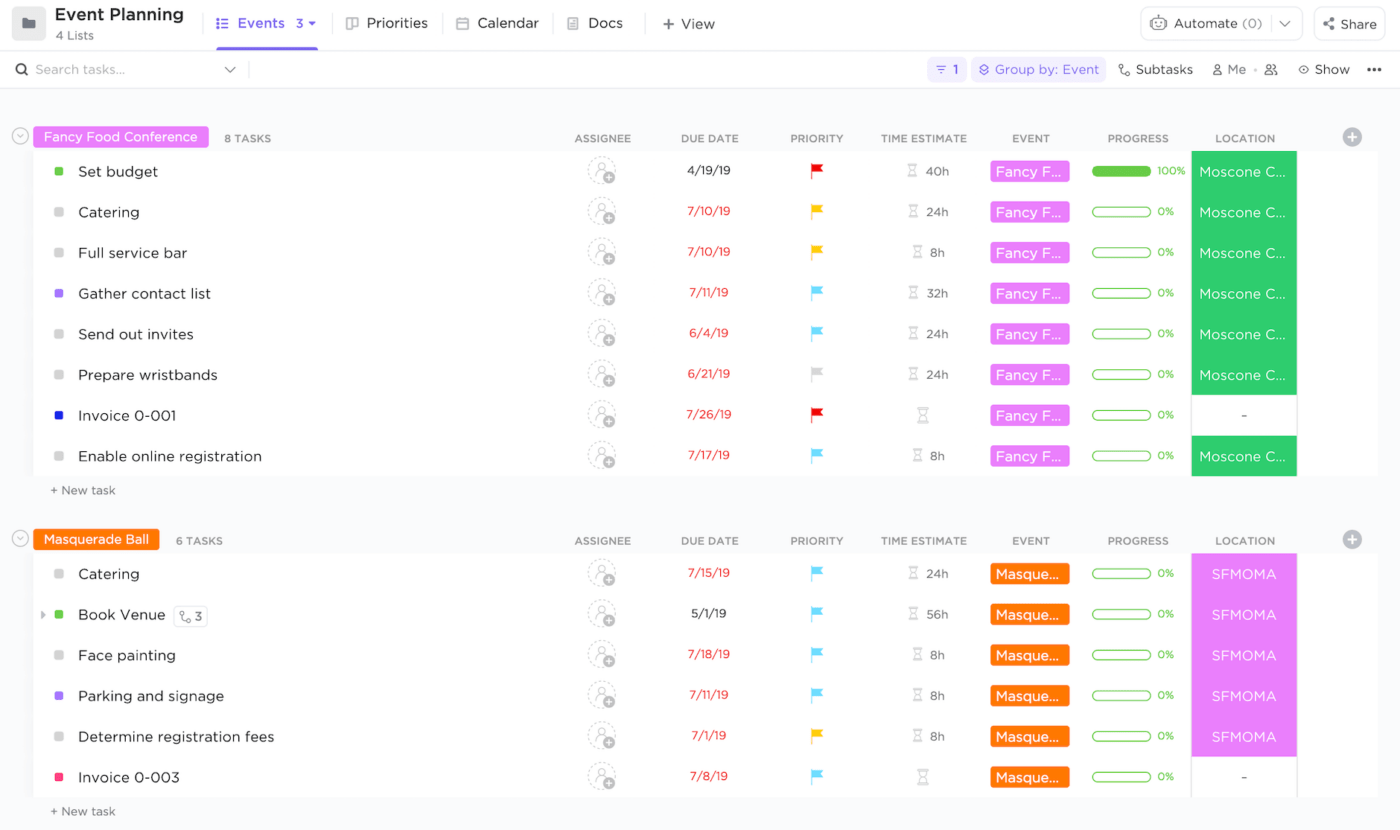 Planowanie wydarzeń w widoku listy ClickUp